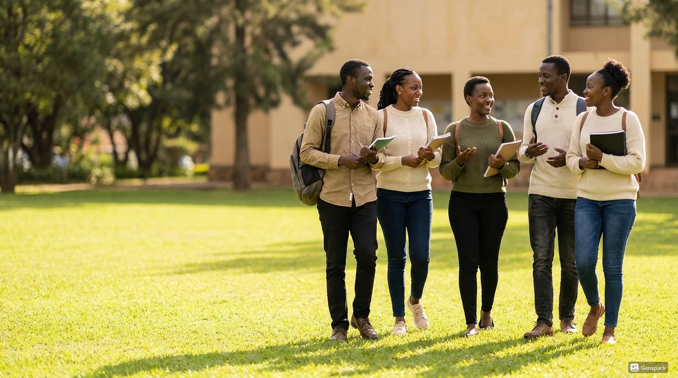 Ugandan university students in conversation on campus, walking together between lectures.