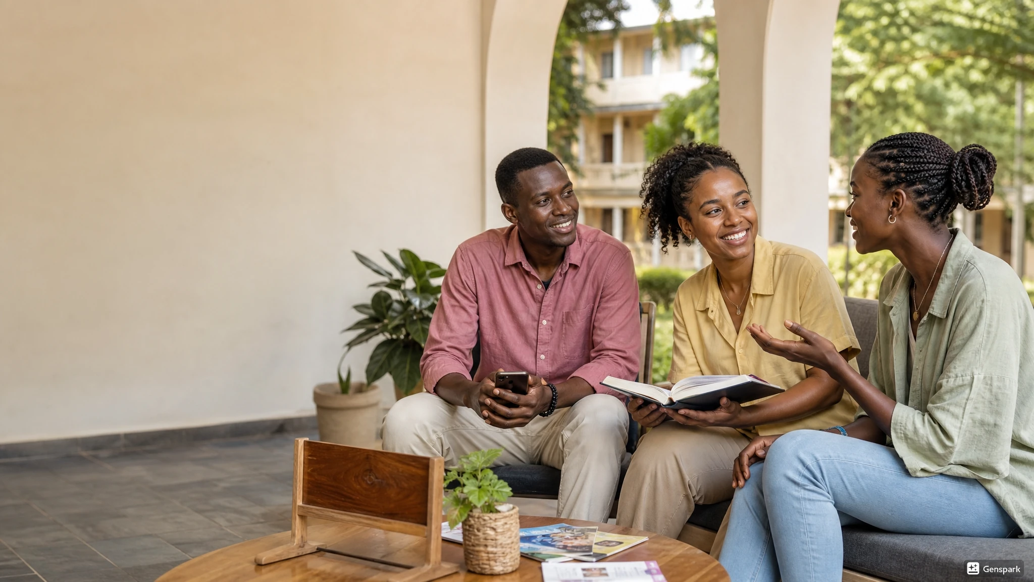 University students having a warm conversation together on an East African campus.
