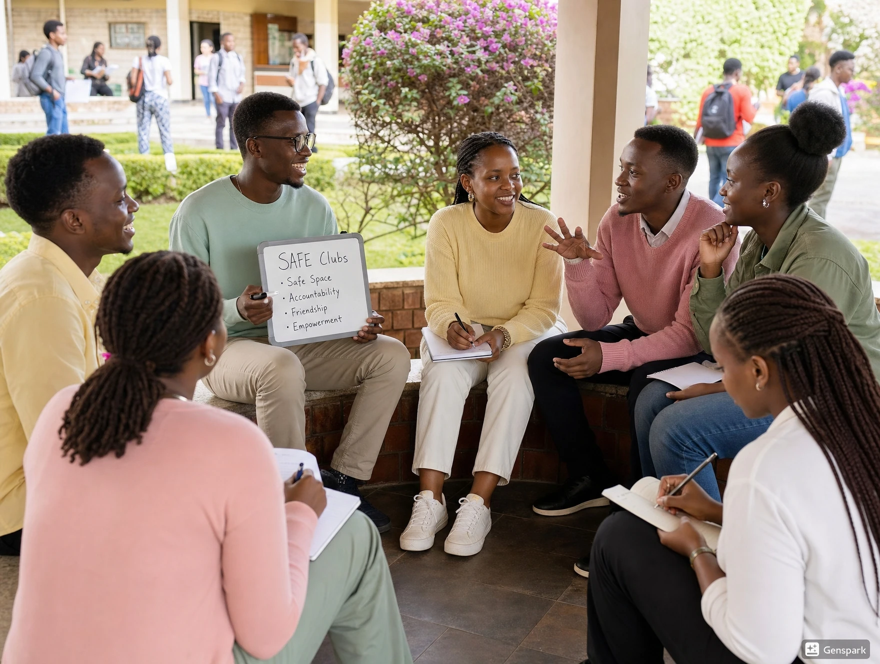 Ugandan university students meeting in a small peer-led SAFE Club on campus.