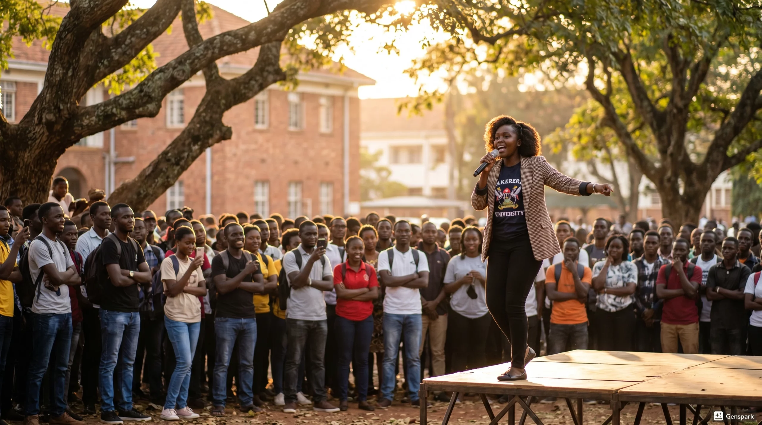 Ugandan university student speaking to fellow students on campus