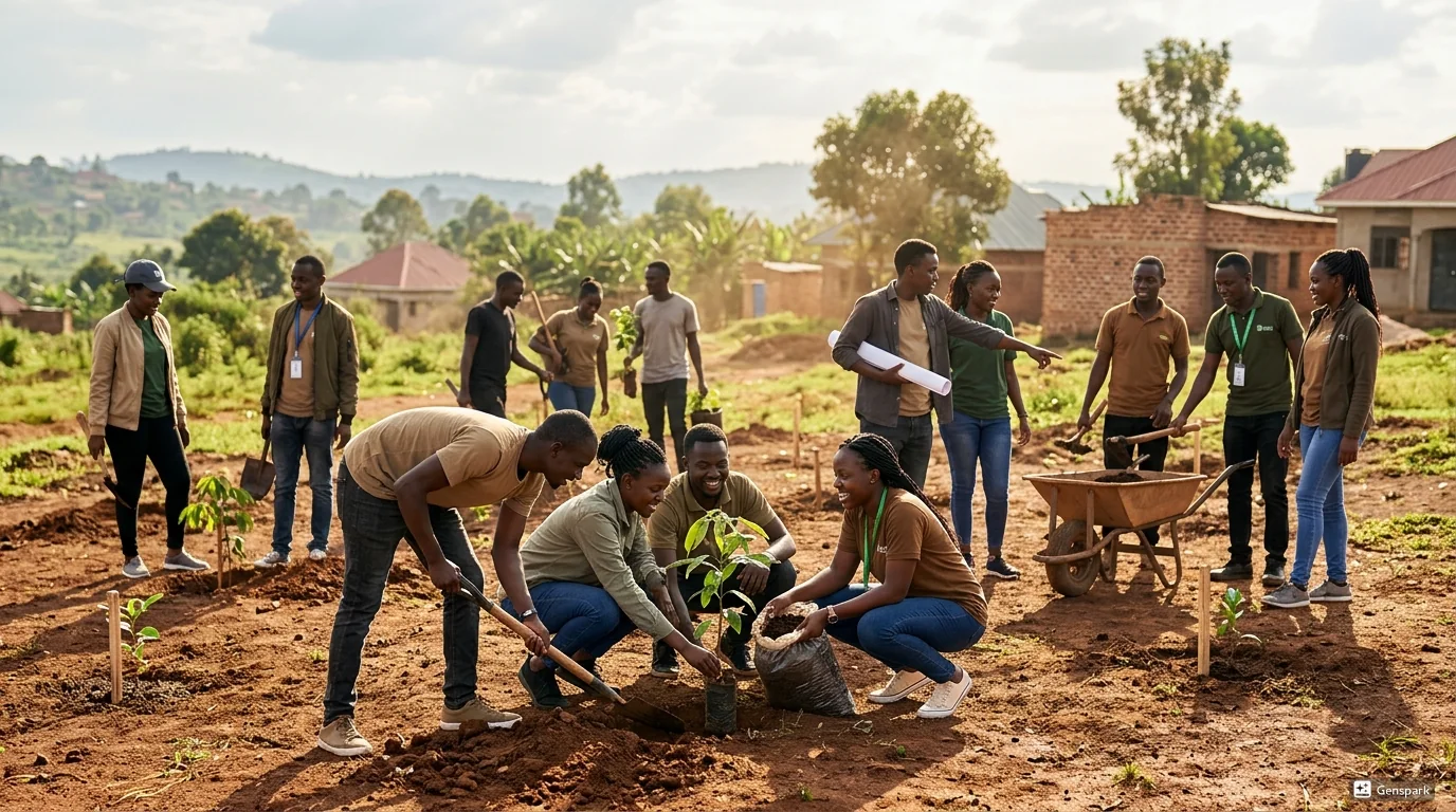 Ugandan university students working together on a community project