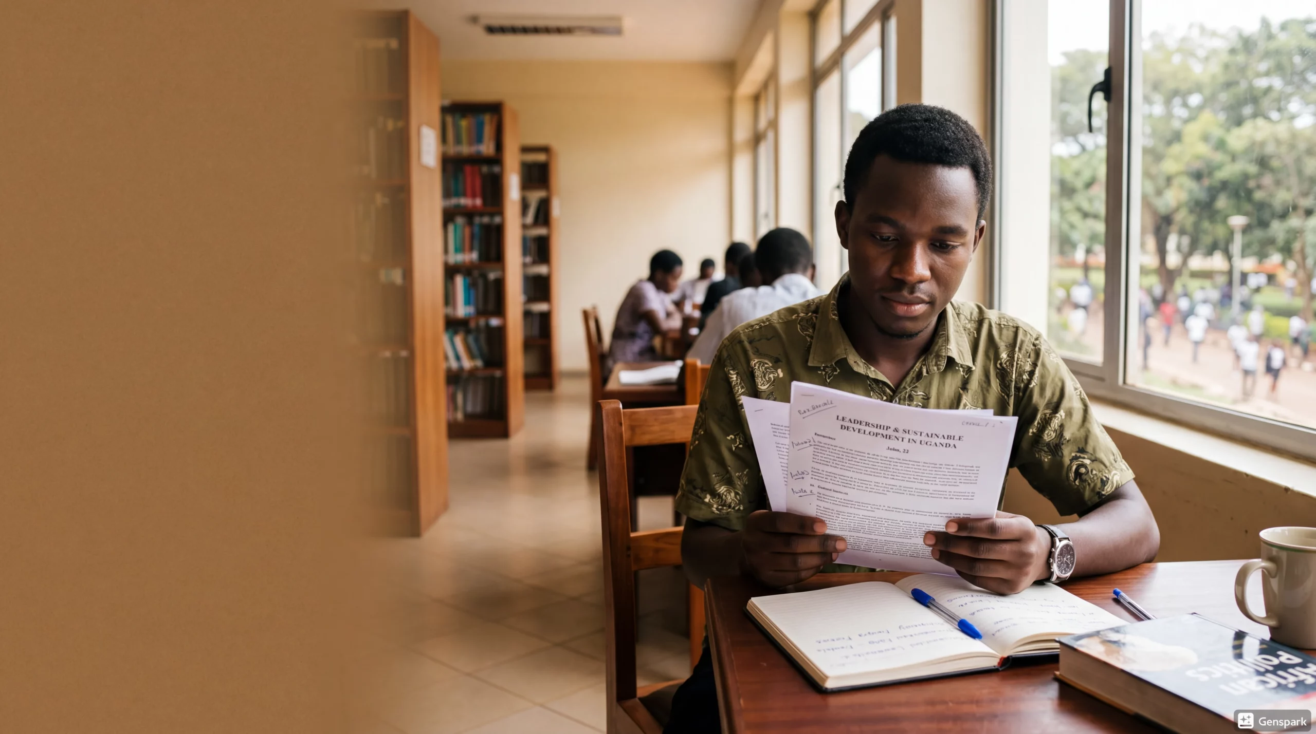University student reading and studying in a library