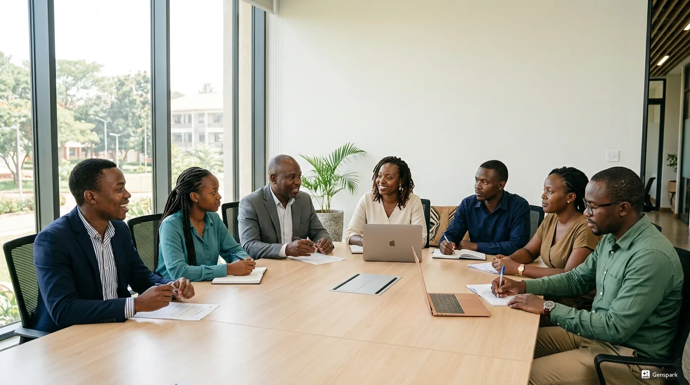 Ugandan students and mentors planning together around a table