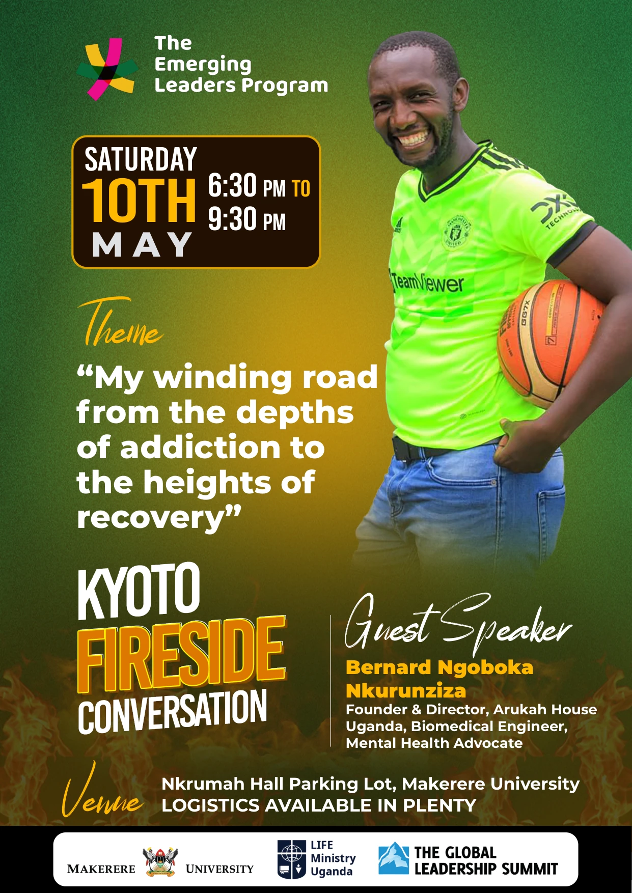 Event flyer featuring Bernard Ngoboka Nkurunziza for the 10 May 2025 conversation on addiction and recovery.