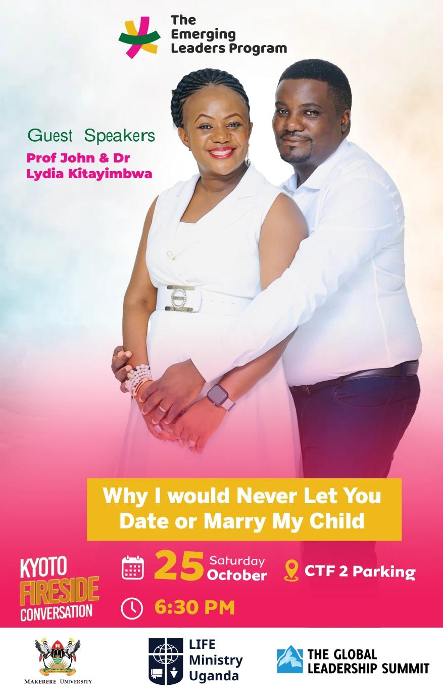 Event flyer featuring Prof John and Dr Lydia Kitayimbwa for the 25 October 2025 conversation on relationships.