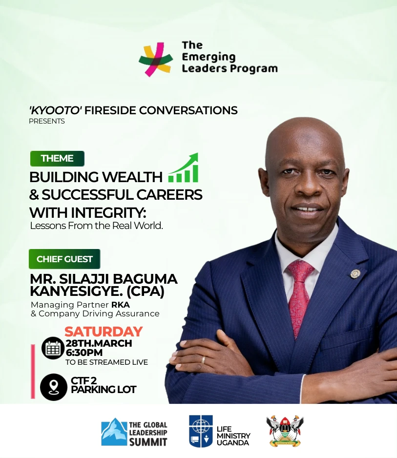 Event flyer featuring Silajji Baguma Kanyesigye for the 28 March 2026 conversation on wealth and integrity.