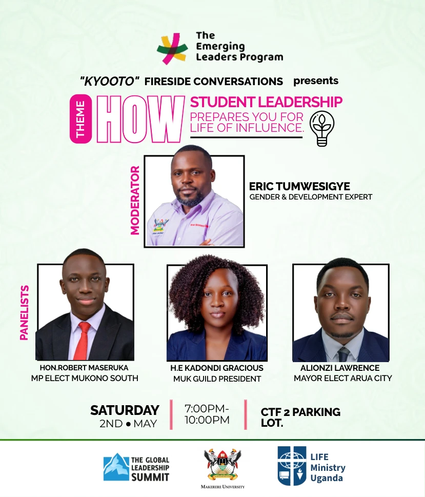 Event flyer for the 2 May 2026 student leadership panel with Robert Maseruka, Kadondi Gracious and Lawrence Alionzi.
