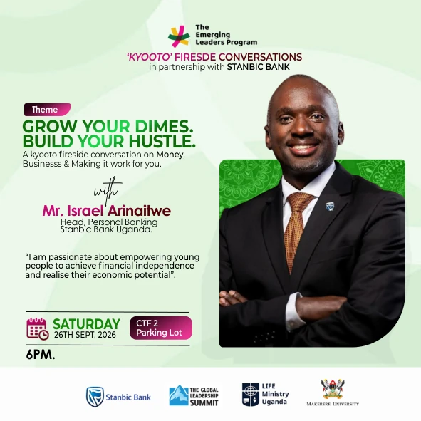 Event flyer featuring Israel Arinaitwe for the 26 September 2026 conversation on money and enterprise.